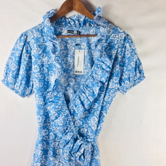 Boohoo Tall Floral Ruffle Wrap Puff Midi Dress - Picture 8 of 8